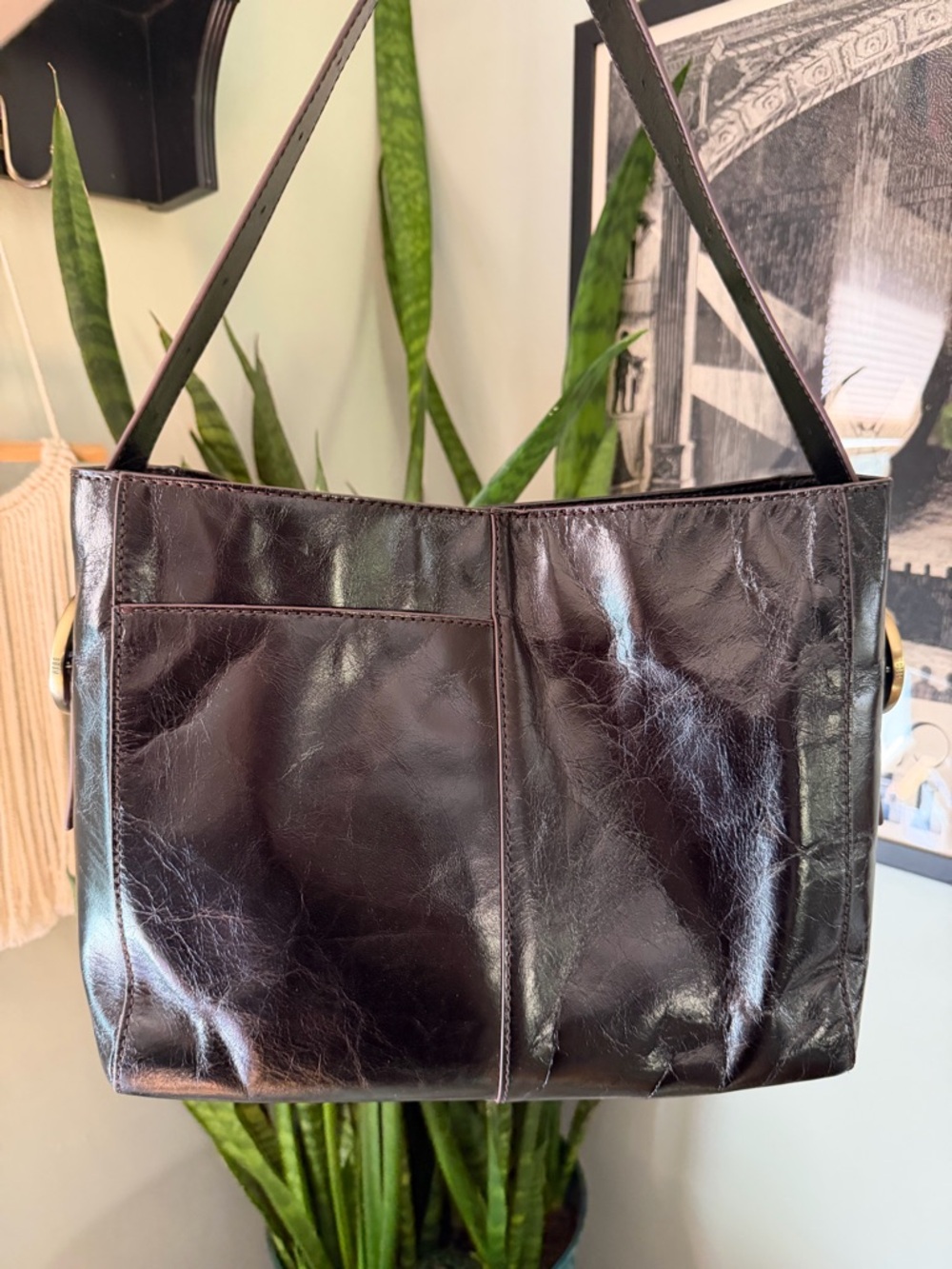 HOBO Render Black Polished Leather Shoulder Bag